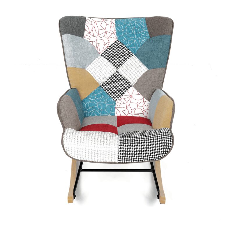 Luxusné hojdacie kreslo v modernom dizajne, poťah patchwork látka