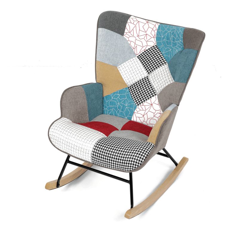 Luxusné hojdacie kreslo v modernom dizajne, poťah patchwork látka