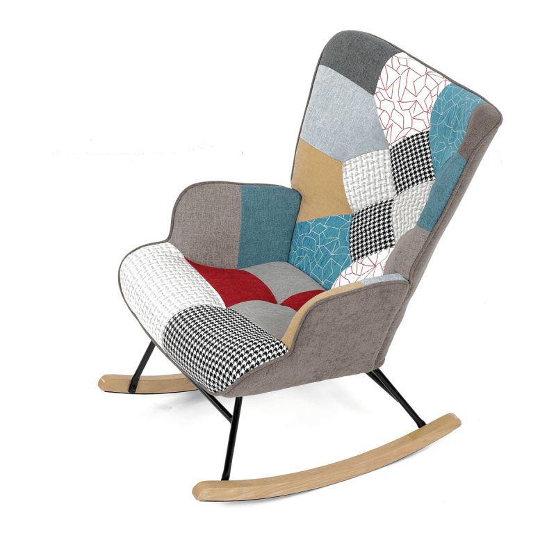 Luxusné hojdacie kreslo v modernom dizajne, poťah patchwork látka
