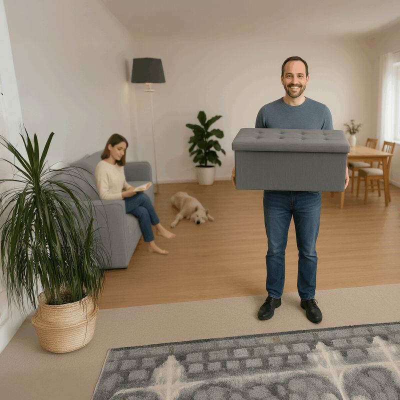 Taburet s úložným priestorom skladací, sivá menčestrová látka