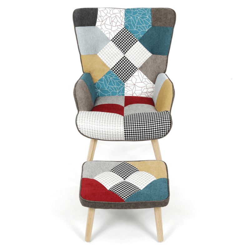 Relaxačné kreslo ušiak s taburetom, viacfarebné patchwork, látka