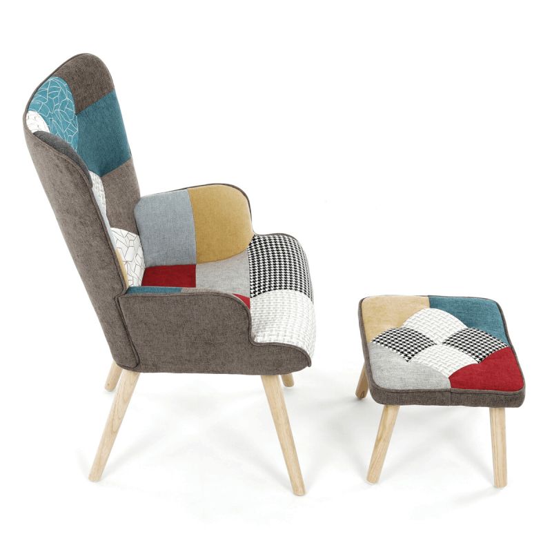 Relaxačné kreslo ušiak s taburetom, viacfarebné patchwork, látka