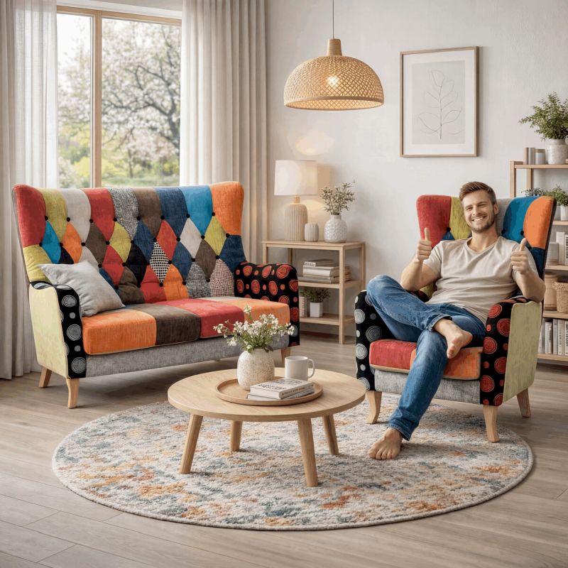 Kreslo ušiak, viacfarebná látka, patchwork