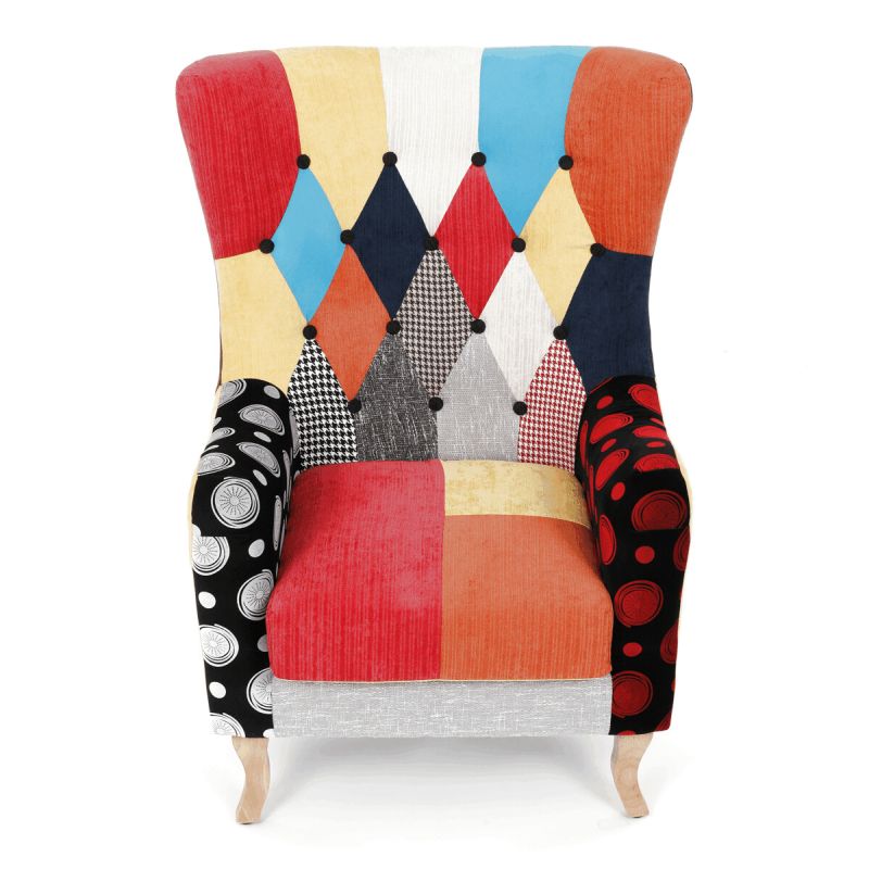 Kreslo ušiak, viacfarebná látka, patchwork