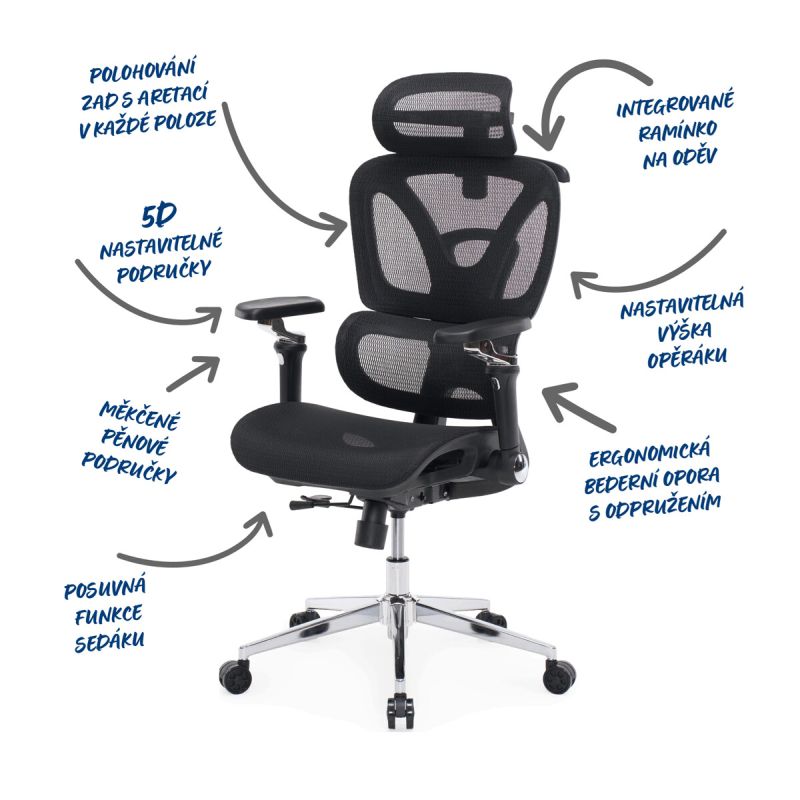 Ergonomická kancelárska stolička, čierna, so sieťovaným operadlom