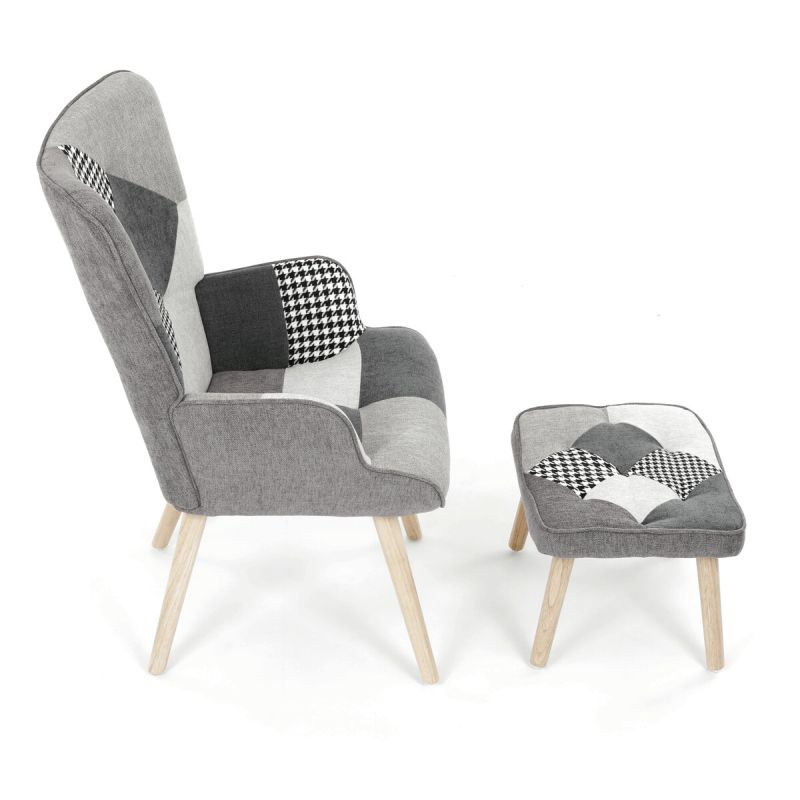 Relaxačné kreslo ušiak s taburetom, viacfarebná patchwork látka