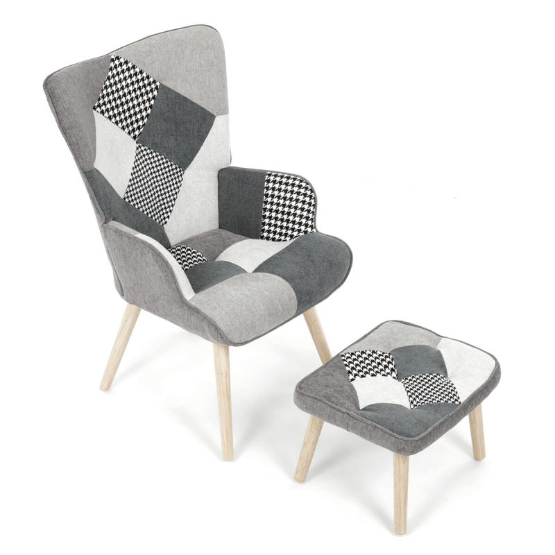 Relaxačné kreslo ušiak s taburetom, viacfarebná patchwork látka