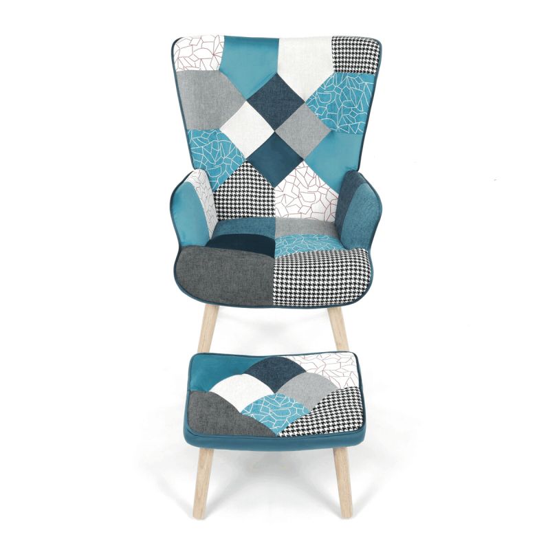 Relaxačné kreslo ušiak s taburetom, viacfarebná patchwork modrá látka