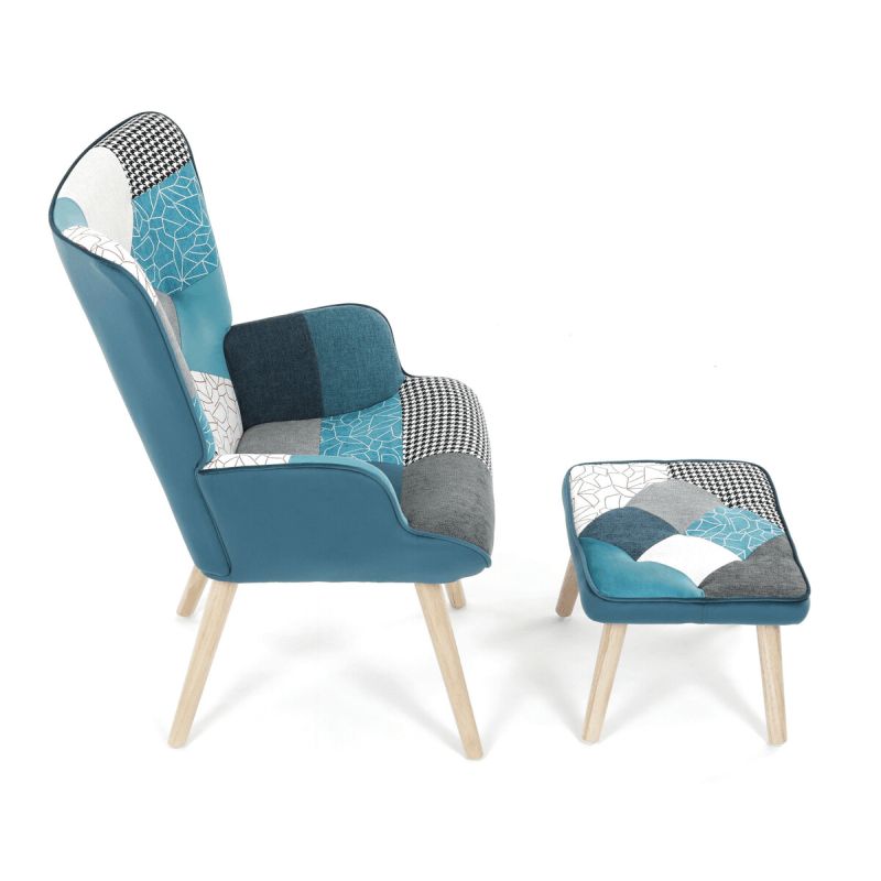 Relaxačné kreslo ušiak s taburetom, viacfarebná patchwork modrá látka