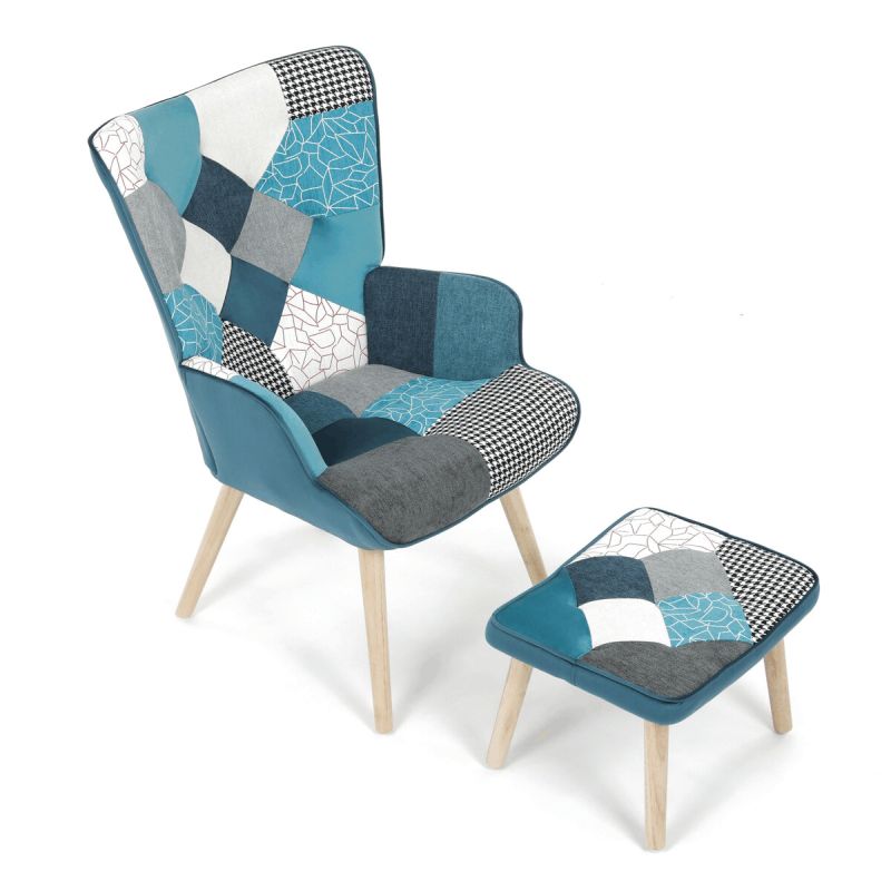 Relaxačné kreslo ušiak s taburetom, viacfarebná patchwork modrá látka