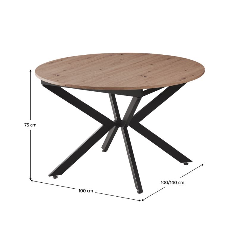 Okrúhly jedálenský rozkladací stôl, dub artisan-čierna, 100-140 cm