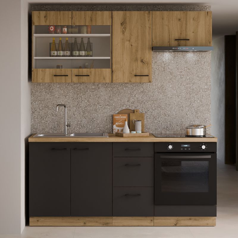 Skrinka na vstavanú chladničku, čierny mat-dub artisan, 60 LO-210 2F, 2x dvierka