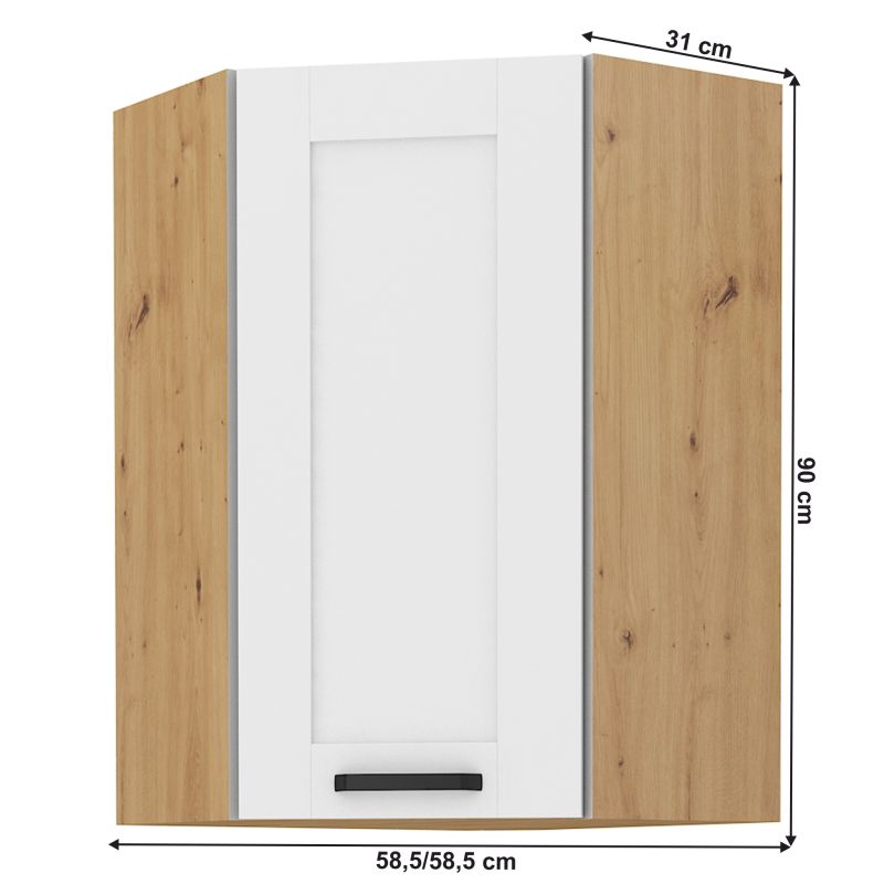 Horná rohová skrinka, biela-dub artisan, 58x58 GN-90 1F, 1x dvierka