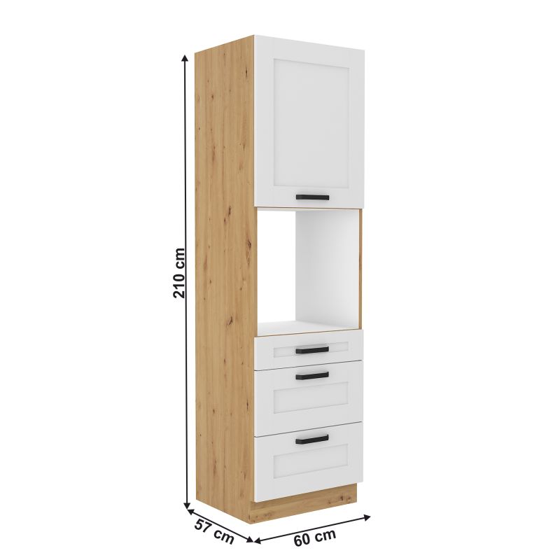 Vysoká skrinka na vstavanú rúru, biela-dub artisan, 60 DPS-210 3S 1F, 1x dvierka, 3x zásuvka
