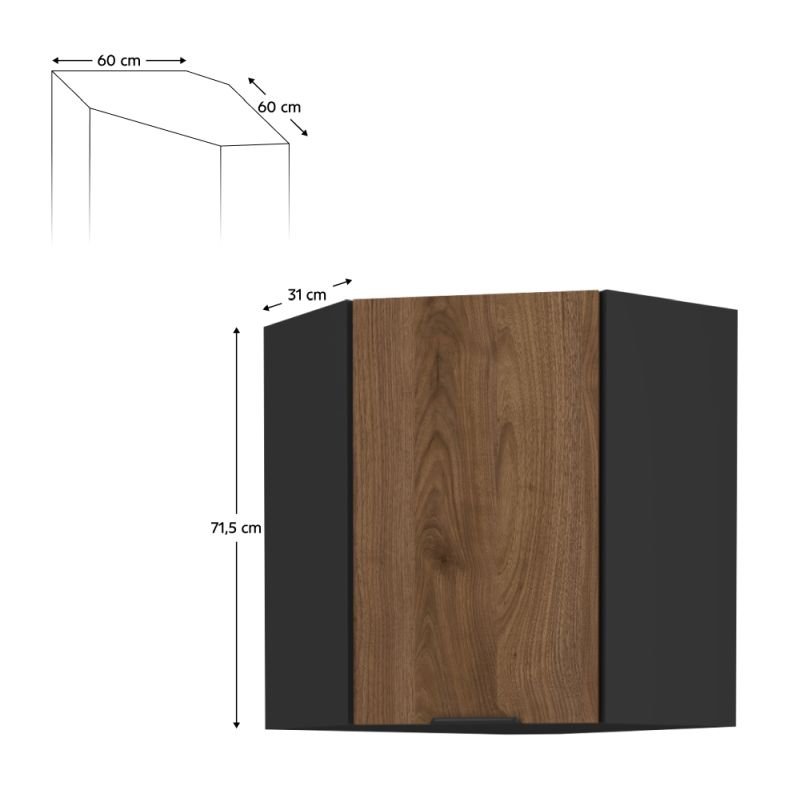 Horná rohová skrinka, orech okapi-čierna, 60x60 GN-72 1F, 1x dvierka