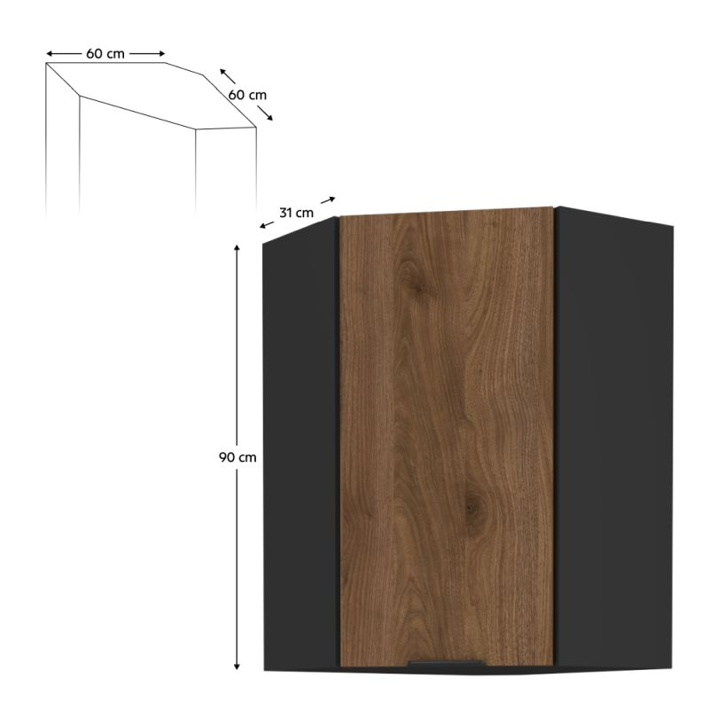 Horná rohová skrinka, orech okapi-čierna, 60x60 GN-90 1F, 1x dvierka