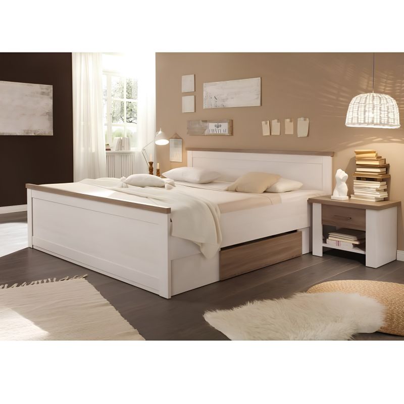 Posteľ 180x200 + 2x nočný stolík, pínia biela-dub sonoma truflový