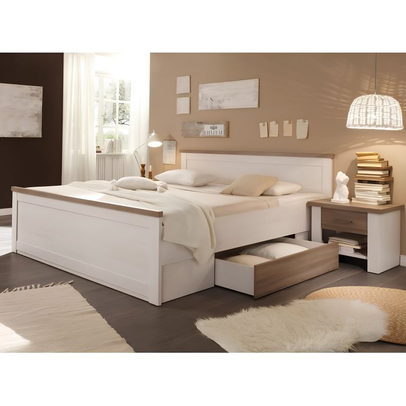 Posteľ 180x200 + 2x nočný stolík, pínia biela-dub sonoma truflový
