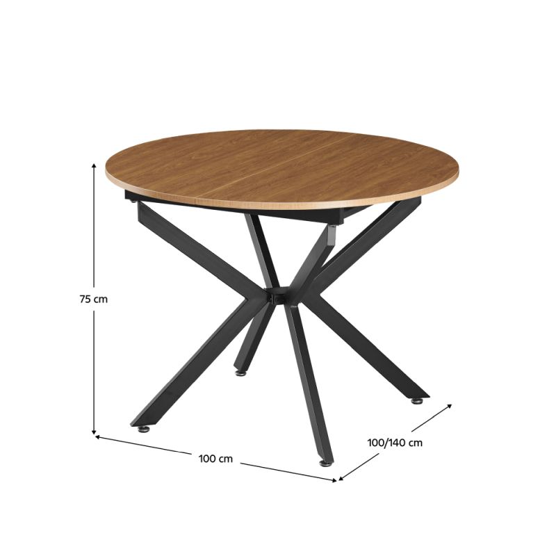 Okrúhly jedálenský rozkladací stôl, dub svetlý-čierna, 100-140 cm