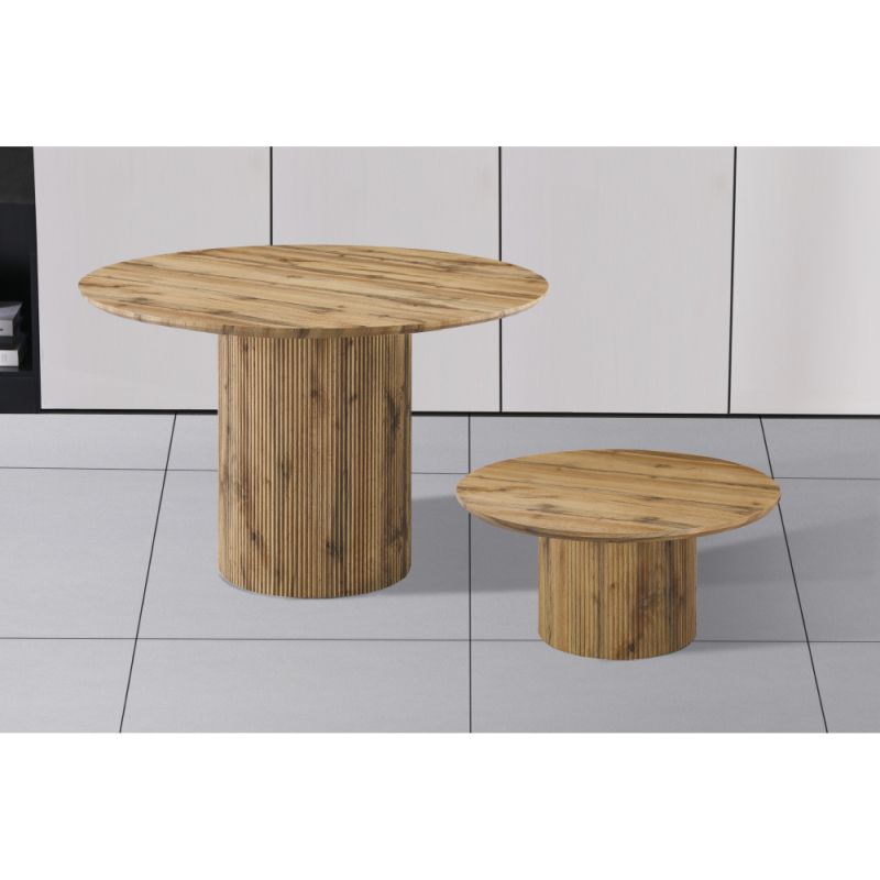 Originálny okrúhly konferenčný stolík, MDF vo farbe dub, priemer 80