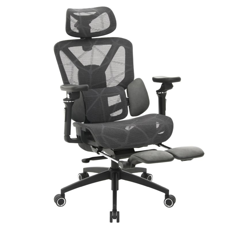 Kancelárske kreslo s výsuvnou podnožou, sieťovina, tmavosivá-čierna