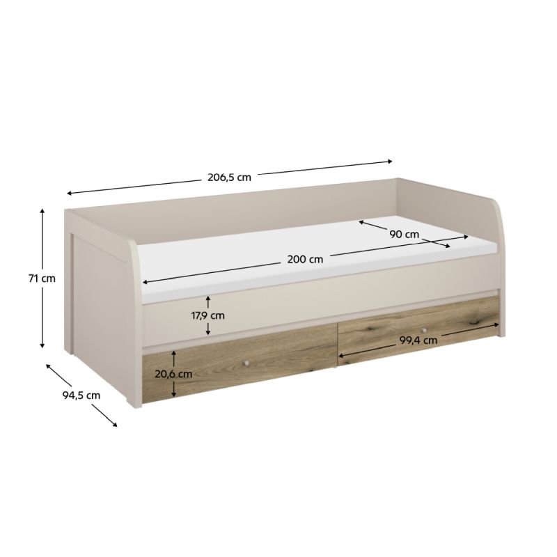Štýlová posteľ 2S, 90x200, kašmír, dub evoke