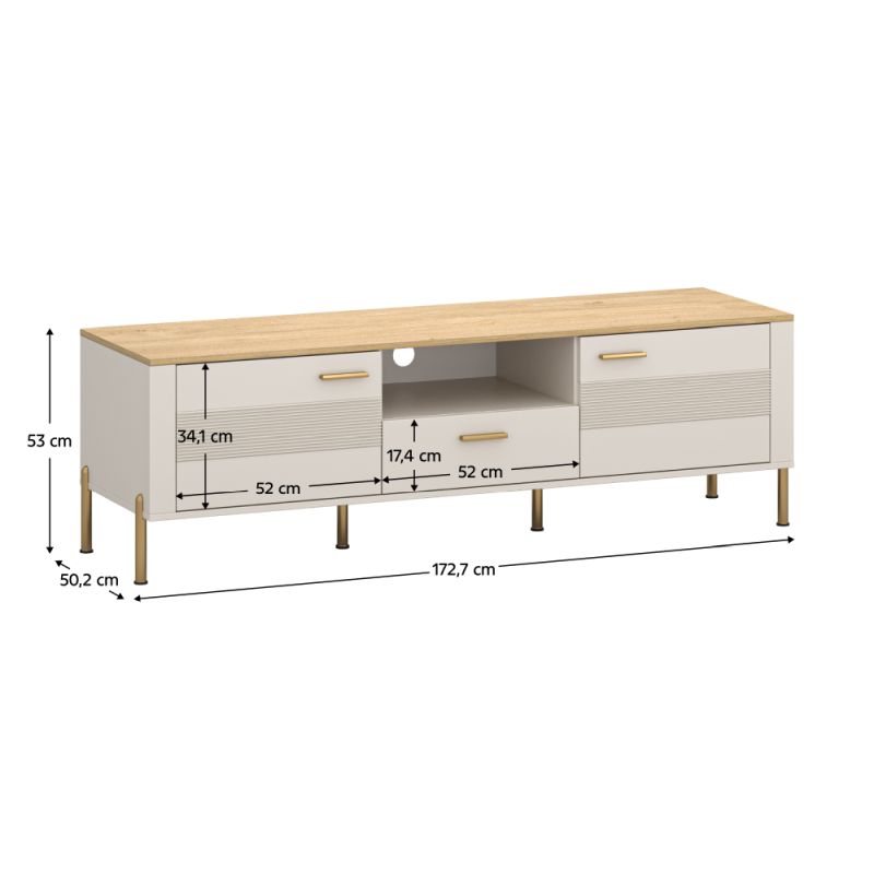 Moderný TV stolík 2D1S, kašmír, dub kamenný, zlatý