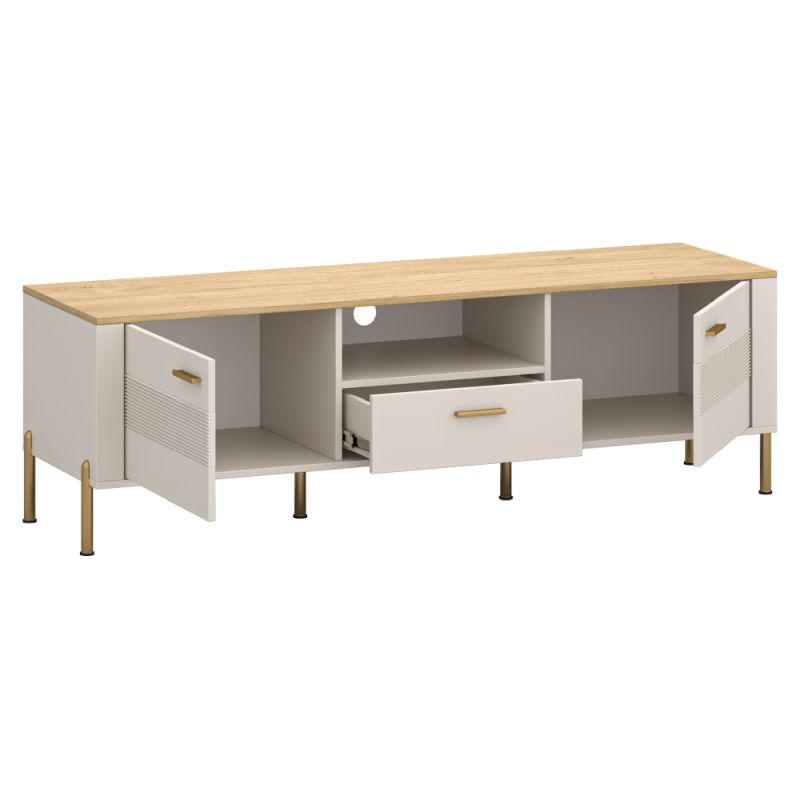 Moderný TV stolík 2D1S, kašmír, dub kamenný, zlatý