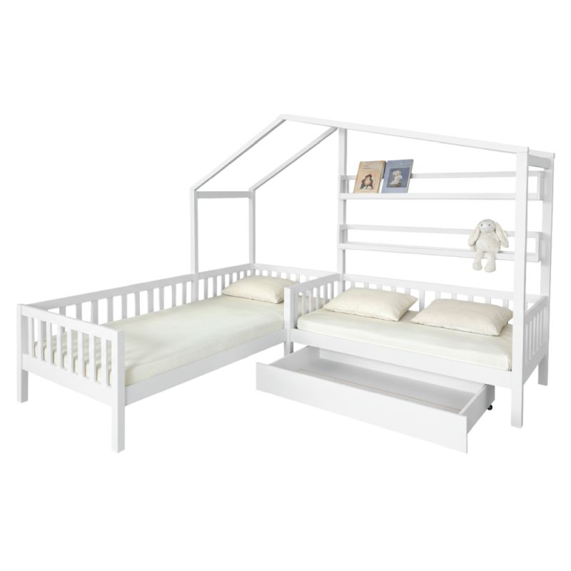 Montessori posteľ pre 2 deti 90x200 + 70x140 s roštom, biela