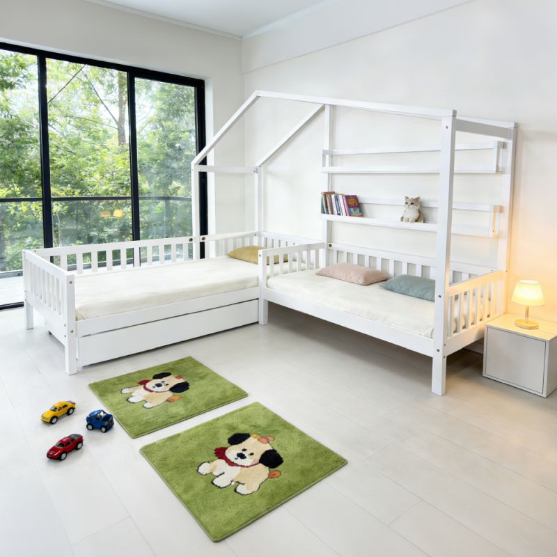 Montessori posteľ pre 2 deti 90x200 + 70x140 s roštom, biela