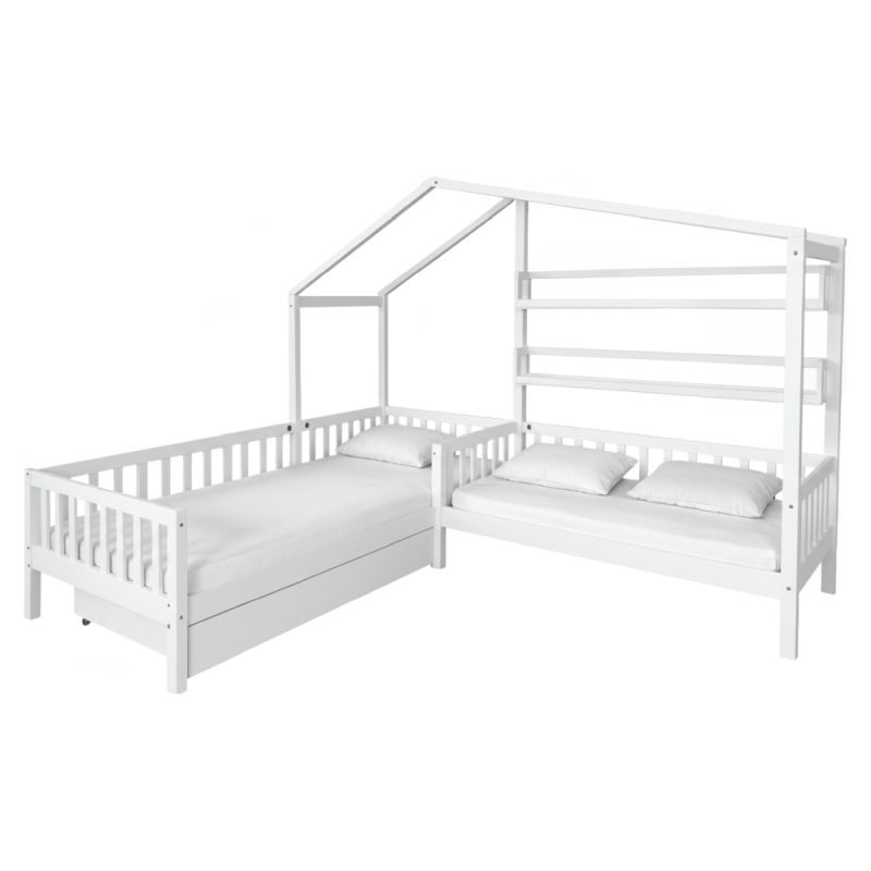 Montessori posteľ pre 2 deti 90x200 + 70x140 s roštom, biela