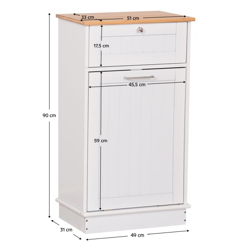 Výklopná skrinka s odpadkovým košom, biela, bambus, 51cm