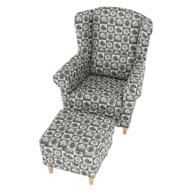 Kreslo ušiak s taburetom, látka patchwork N1