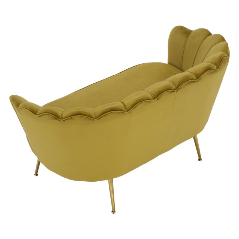 Lavica v štýle Art-deco, horčicová Velvet látka-gold chróm-zlatý