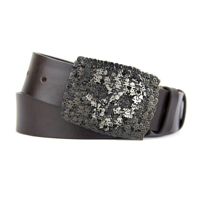 Kožený opasok SKULL, šírka 4cm - Tmavo hnedá