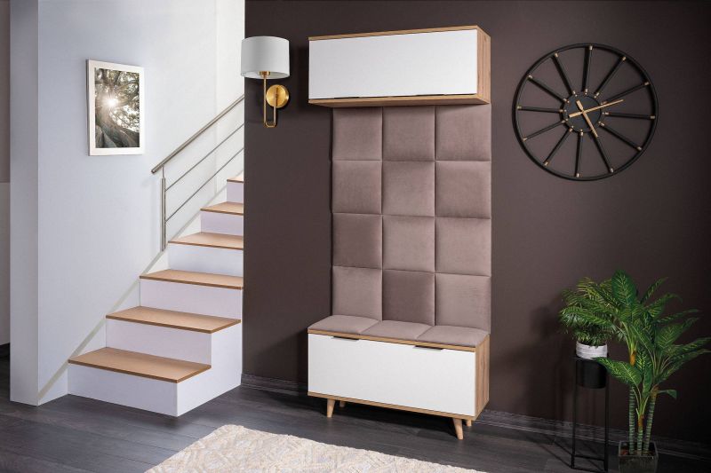 Predsieňová stena s čalúnenými panelmi, dub artisan-biely mat-béžová