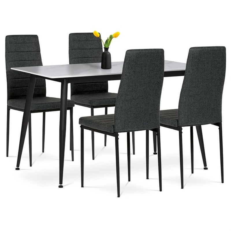 Jedálenský set 1+4, 130x70, doska spekaný kameň , stolička čierno-sivá látka
