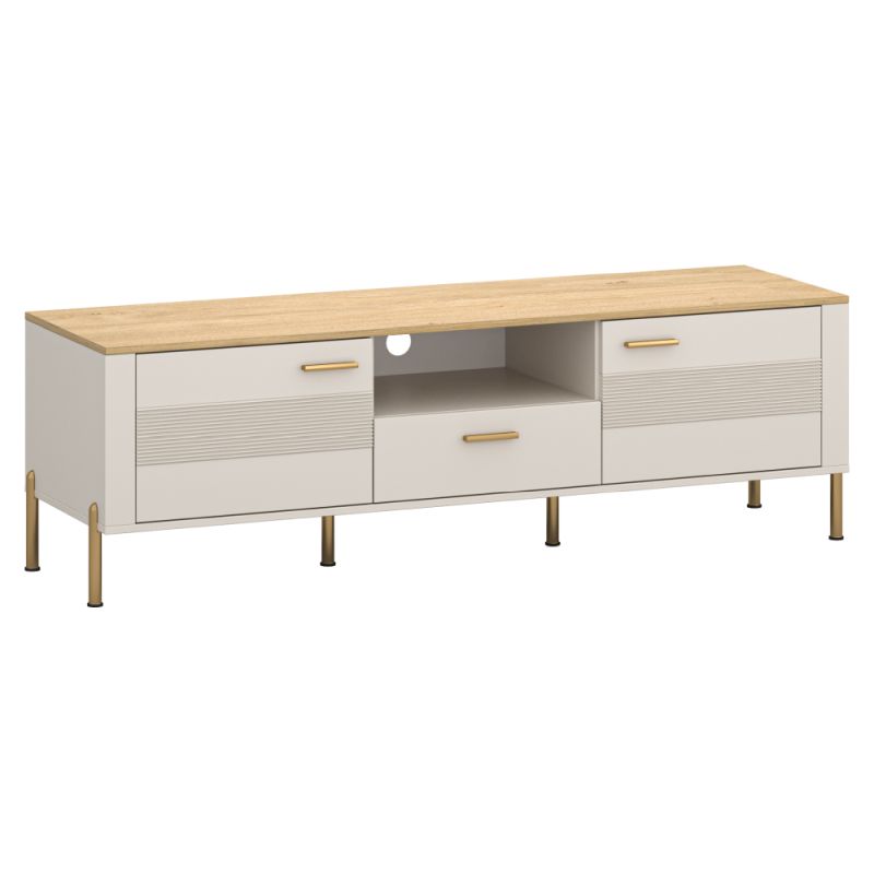 Moderný TV stolík 2D1S, kašmír, dub kamenný, zlatý