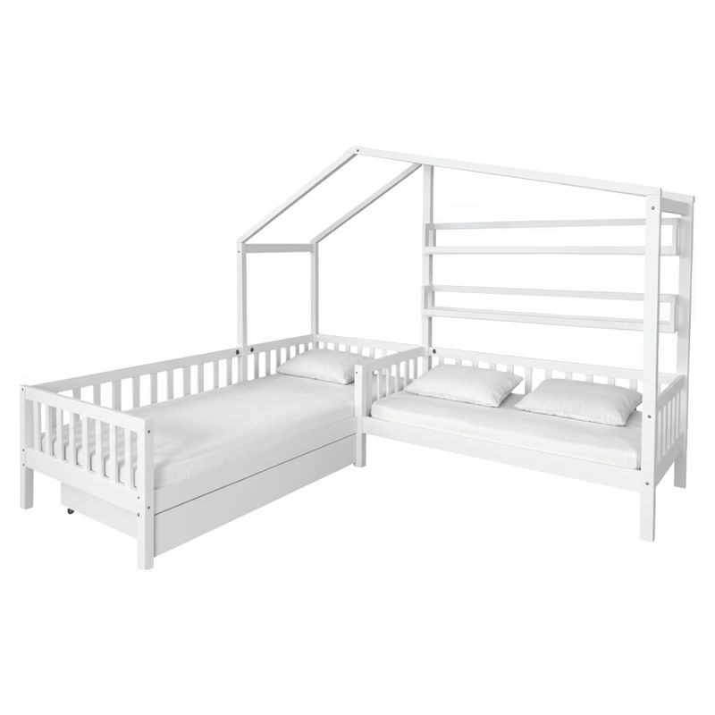 Montessori posteľ pre 2 deti 90x200 + 70x140 s roštom, biela