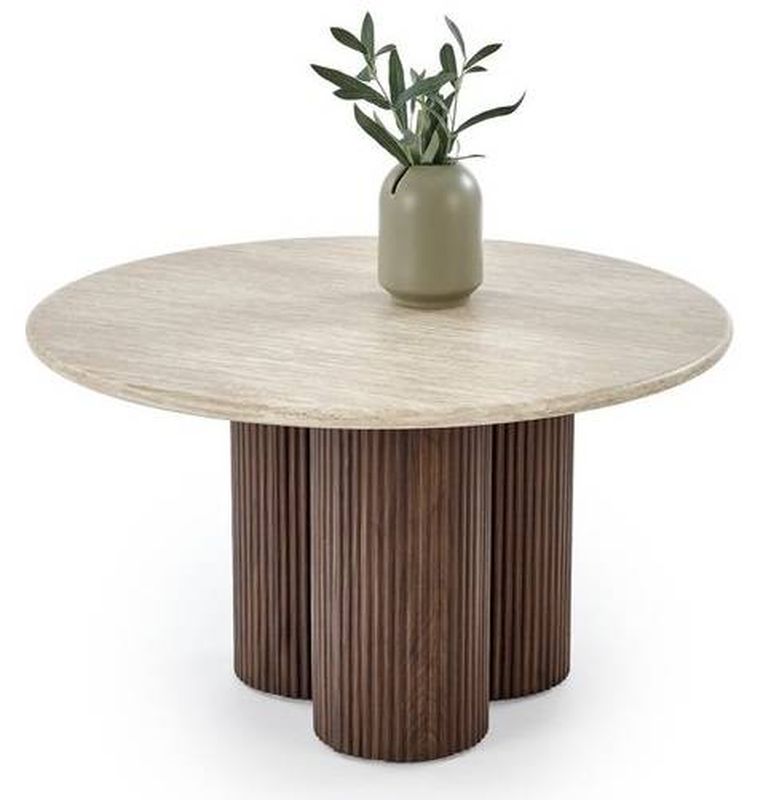 Okrúhly konferenčný stolík 80cm, orech, travertín