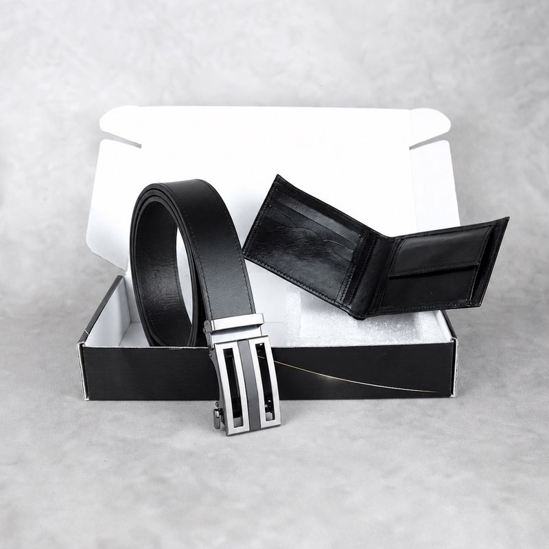 Pánsky darčekový set 11 – kožený opasok s automatickou prackou + kožená peňaženka, čierna