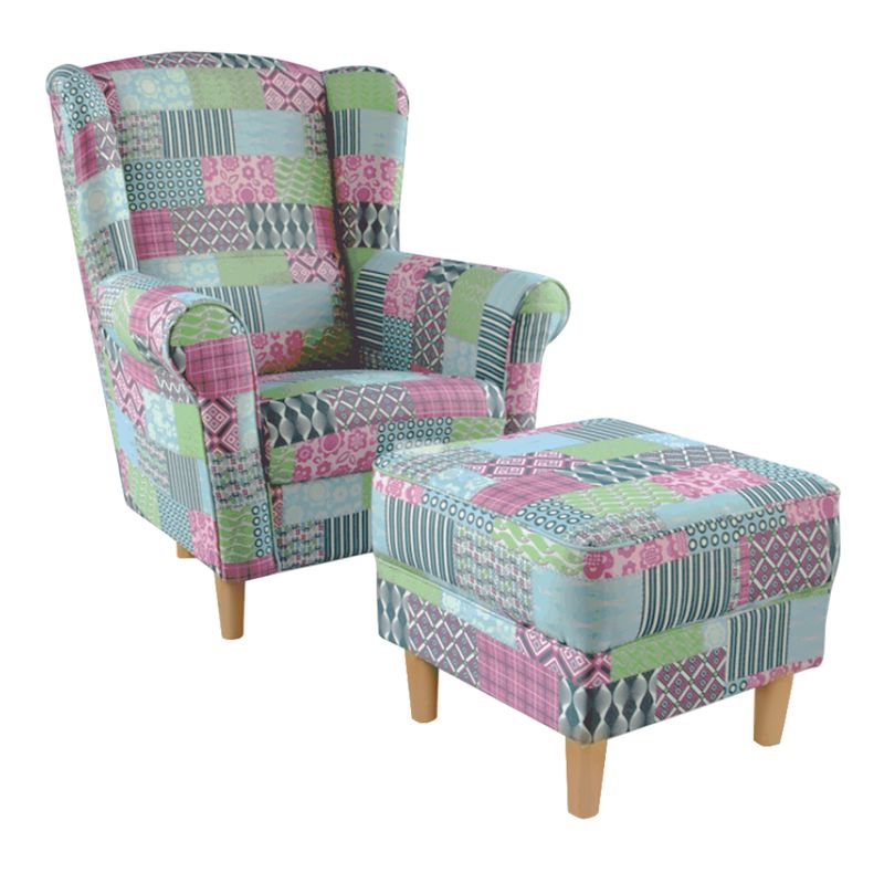 Kreslo ušiak s taburetom, látka patchwork M1