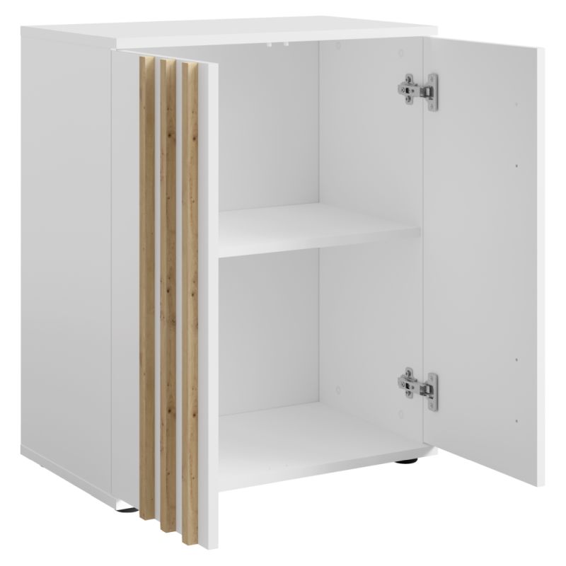 Komoda s ozdobnými lamelami 2D, 2x dvierka, biela-dub artisan