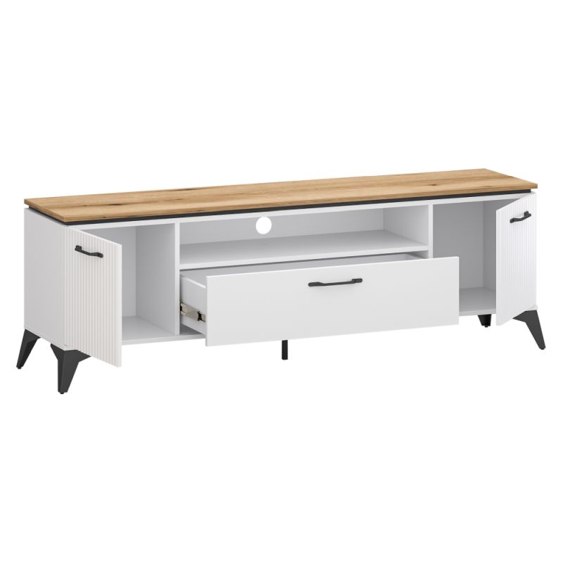 Elegantný TV stolík 2D1S, biely, dub evoke, s ryhovanými dvierkami