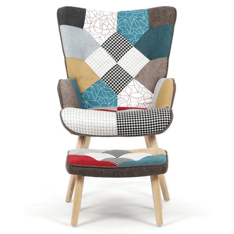 Relaxačné kreslo ušiak s taburetom, viacfarebné patchwork, látka
