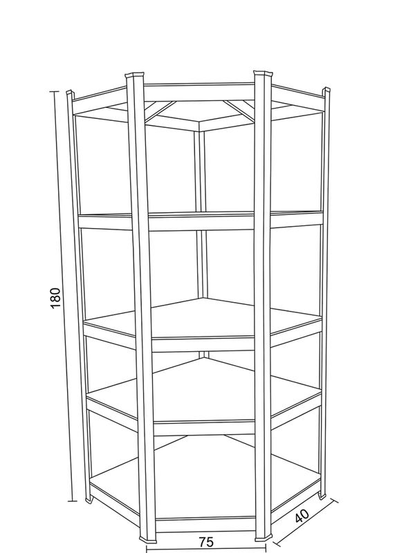 Rohový regál kovový, 75cm, strieborný, s MDF policami