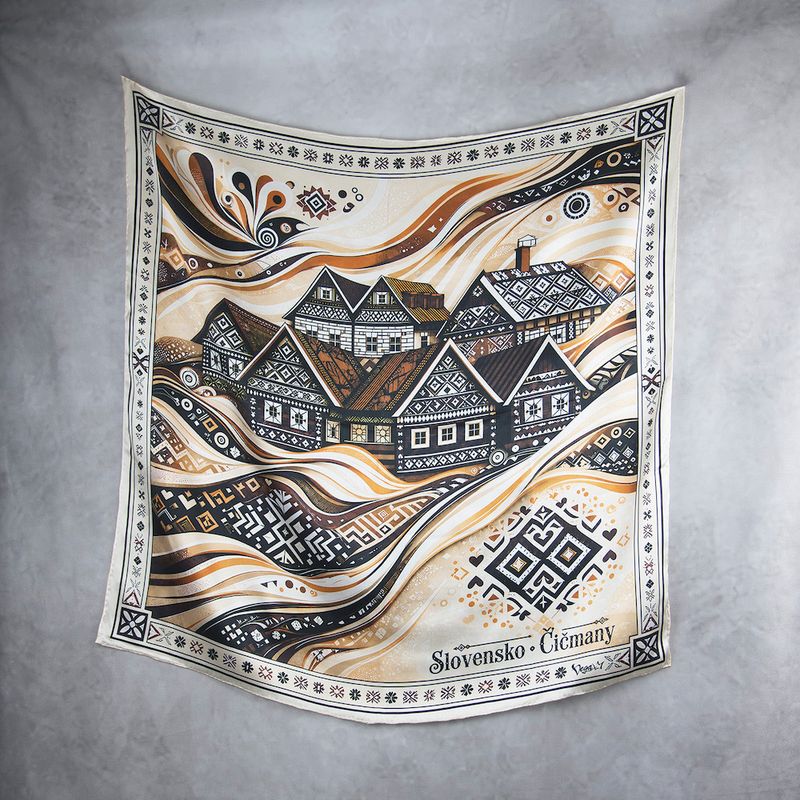 Hodvábna šatka ČIČMANY – SLOVENSKO, 100 % prírodný hodváb, 90 × 90 cm
