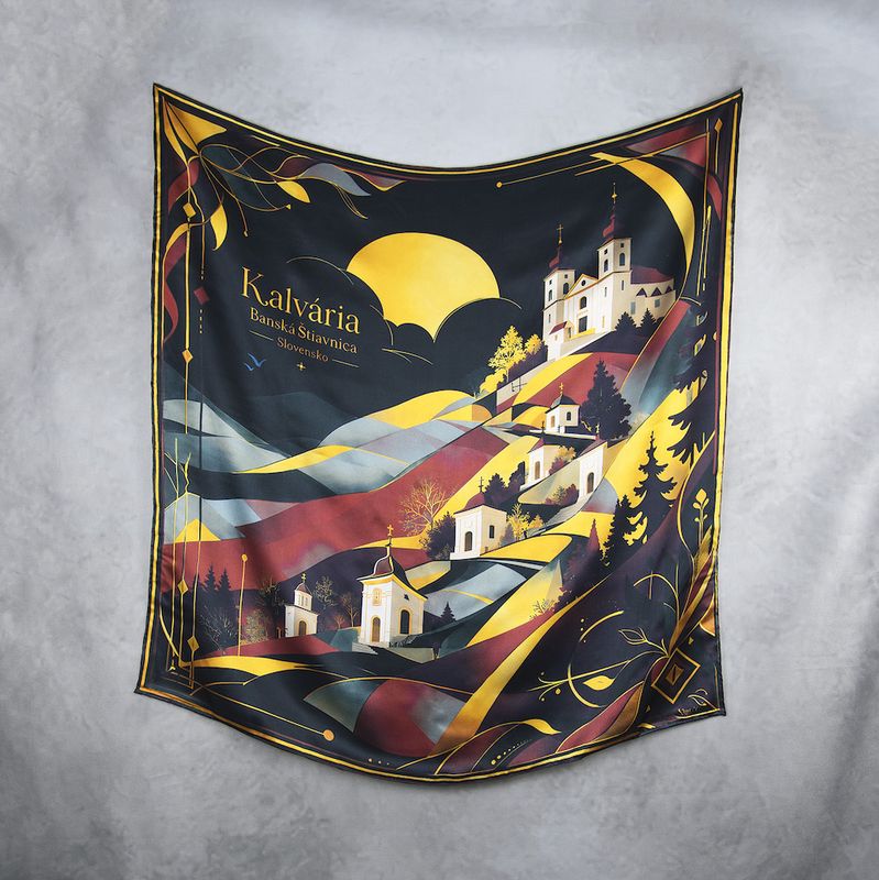 Luxusná hodvábna šatka KALVÁRIA – BANSKÁ ŠTIAVNICA, čierna, 90 × 90 cm