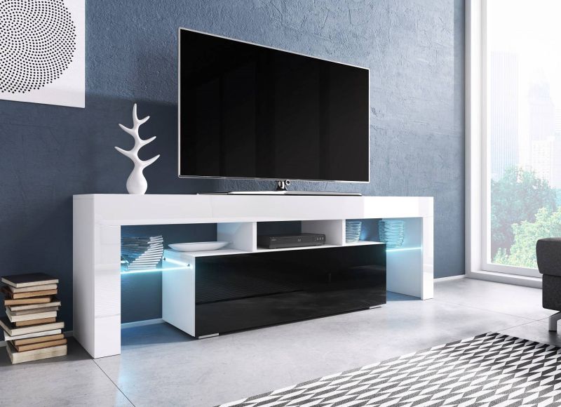 Modernistický RTV stolík s výklopnými dvierkami 138, biely mat-čierny vysoký lesk-biely vysoký lesk