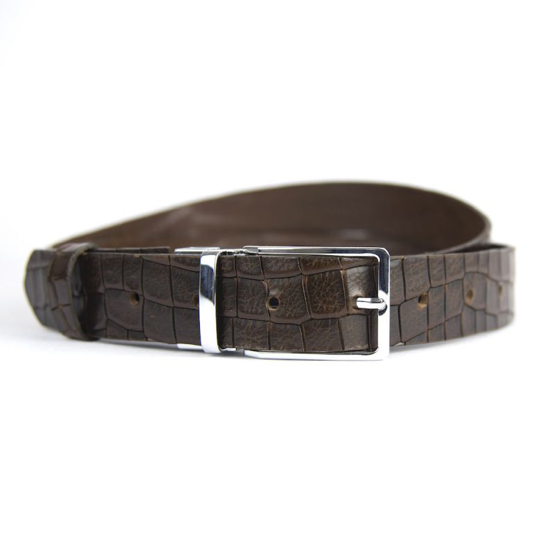 Kožený opasok s dezénom MODERN SILVER, šírka 3.3cm, CROCO dezén - tmavo hnedá